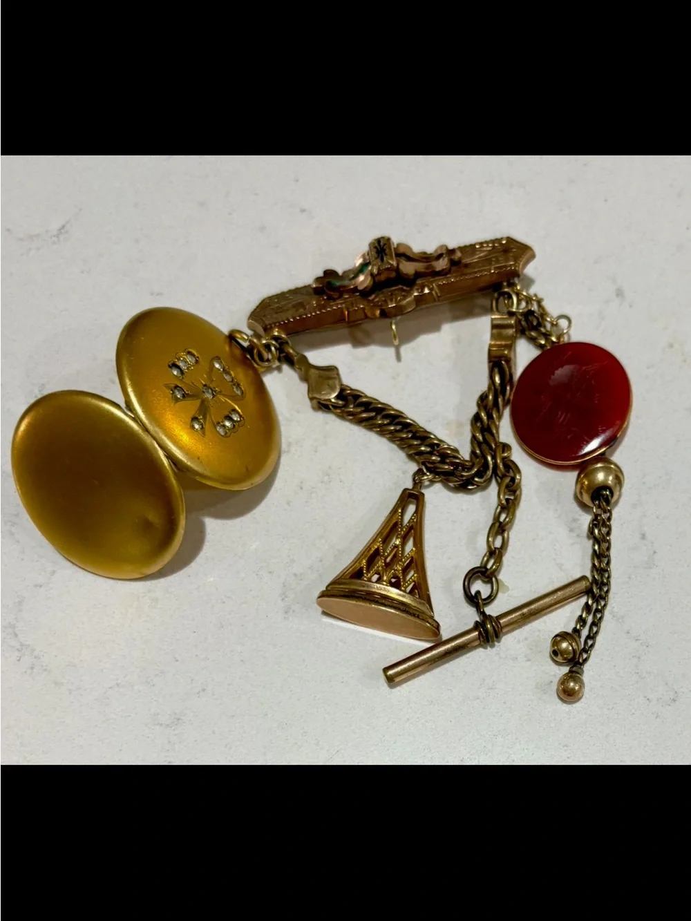 Antique Victorian 19thC Gold Chatelaine Brooch Locket Carnelian Fob Pin